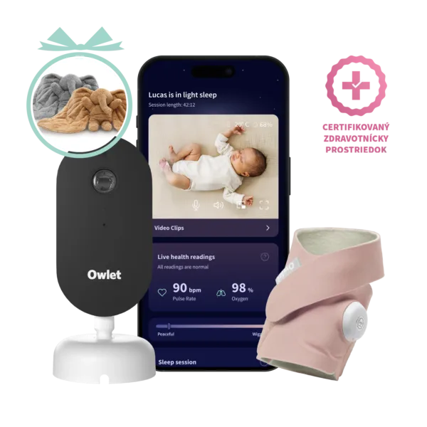 Owlet Dream Duo™ (3. generace) - Owlet Dream SockTM – Chytrá ponožka so zdravotníckou certifikáciou 0-18 mesiacov (Matne ružová) + Owlet Dream Sight™