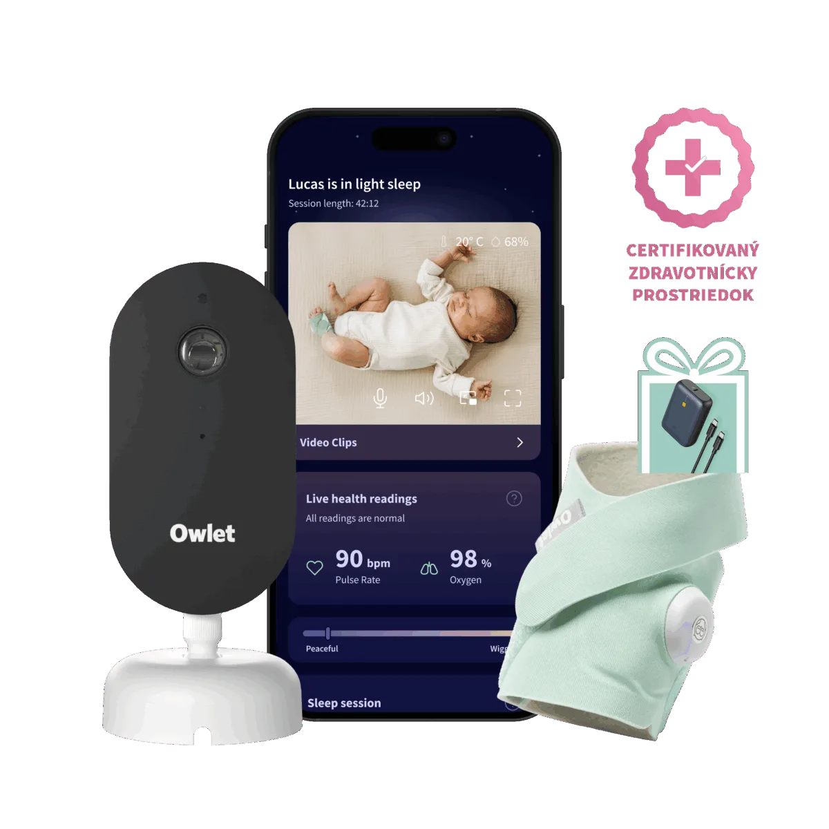 Owlet Dream Duo™ (3. generace) - Owlet Dream SockTM – Chytrá ponožka so zdravotníckou certifikáciou 0-18 mesiacov (Svetlo zelená) + Owlet Dream Sight™