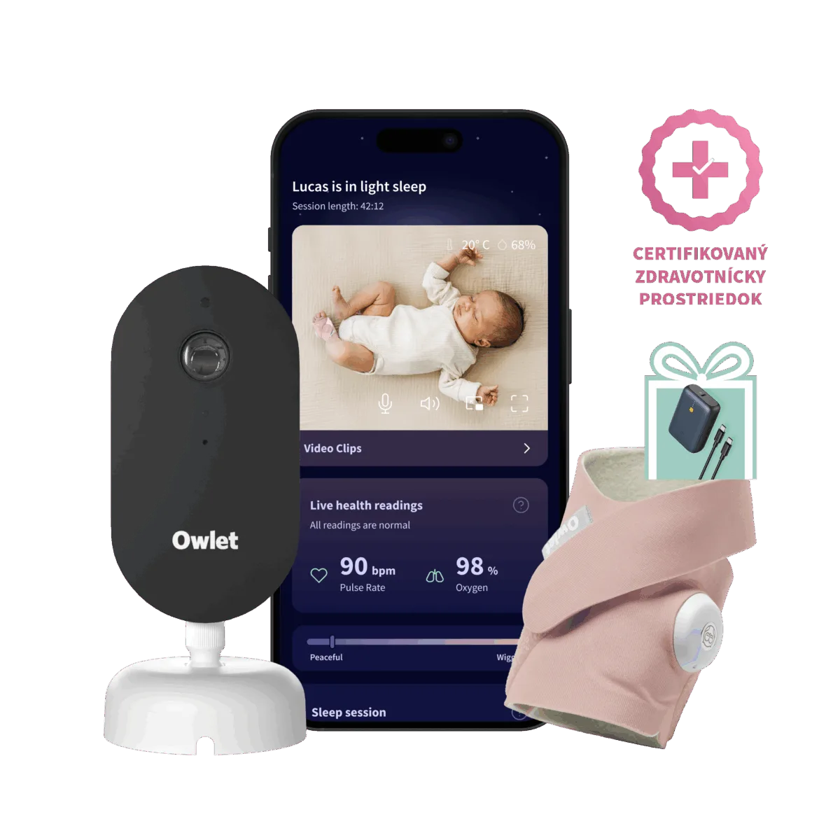 Owlet Dream Duo™ (3. generace) - Owlet Dream SockTM – Chytrá ponožka so zdravotníckou certifikáciou 0-18 mesiacov (Matne ružová) + Owlet Dream Sight™