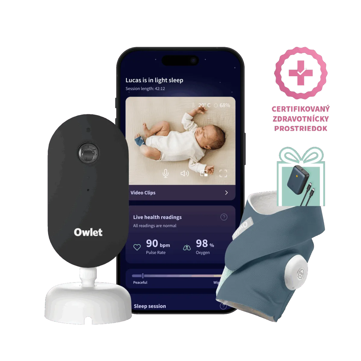 Owlet Dream Duo™ (3. generace) - Owlet Dream SockTM – Chytrá ponožka so zdravotníckou certifikáciou 0-18 mesiacov (Modrá) + Owlet Dream Sight™
